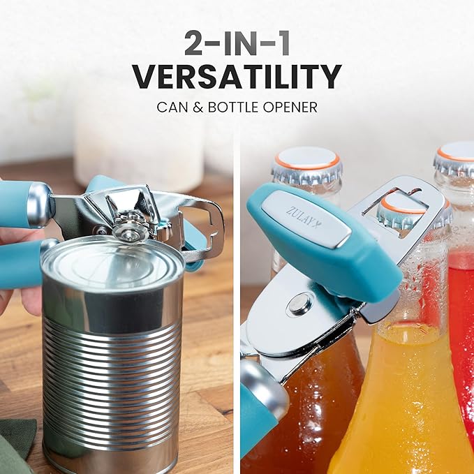 Zulay Kitchen Heavy Duty Stainless Steel Can Opener Manual with Bottle Opener - Rust Proof Manual Can Opener With Turn Knob & Comfy Soft Grip Handles - Dusty Blue - Image 7