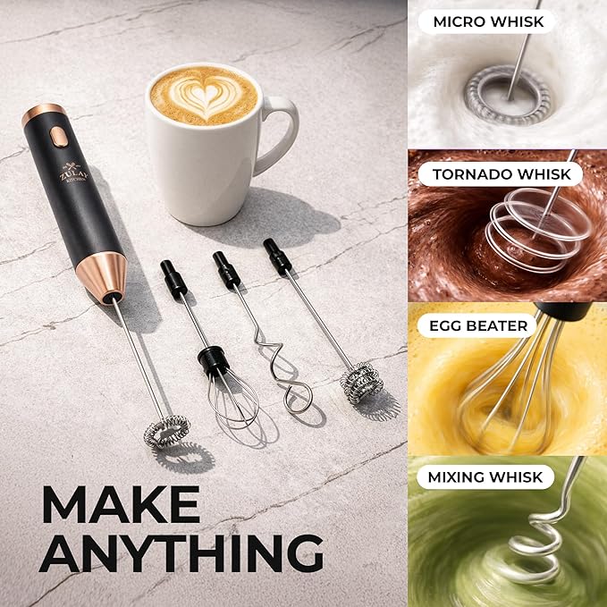 Zulay Kitchen Metal Rechargeable Milk Frother, 3 Whisk Attachments Handheld Frother Wand, 1800mAh USB-C Charging, Electric Drink Mixer for Protein, Matcha & Powders - One Charge Lasts up to 6 Months - Image 8