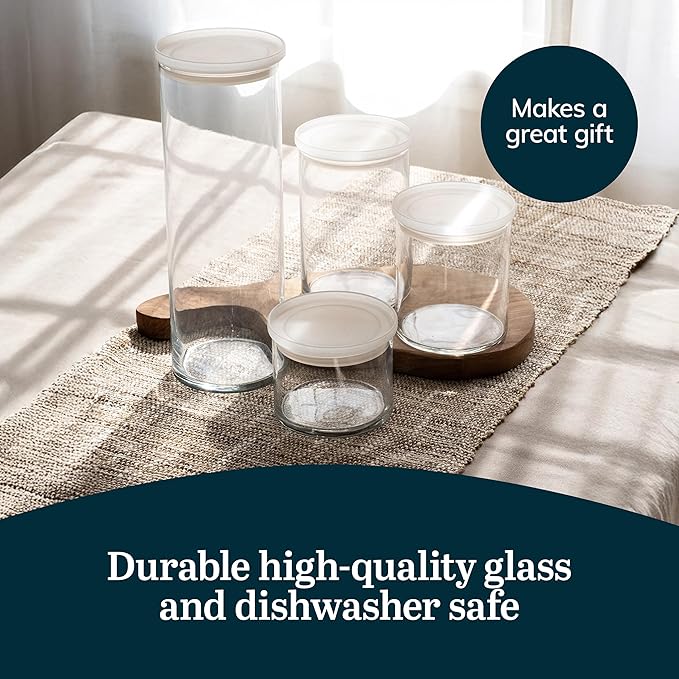 Libbey Stacking Cylinder Assorted Storage Jars, Stackable Glass Jars Set of 4, Airtight Plastic Lids, Dishwasher Safe Food Jars for Storing Dry Goods - Image 6