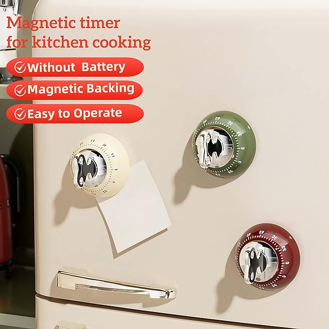 Magnetic Mechanical Kitchen Timer - Wind Up 60 Minutes Countdown Timer, No Batteries Needed, for Cooking, Baking, Classroom, Study & Desk Use (Red)