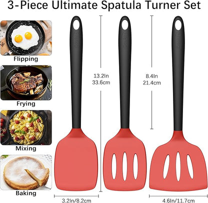 Coukre 3 Pack Silicone Spatula Set, High Heat Resistant, BPA-Free, Fish Spatula, Solid & Slotted Turner for Non-Stick Pans, Flipping Eggs, Pancakes, Fish, Burgers (3, RedBlack) - Image 2