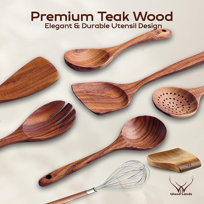 8 Pcs Teak Wooden Utensil Set – Premium Wooden Cooking Utensils Set, Natural Wooden Spoons for Cooking - Sturdy Kitchen Utensils & Cooking Spoons for Every Chef - Image 2