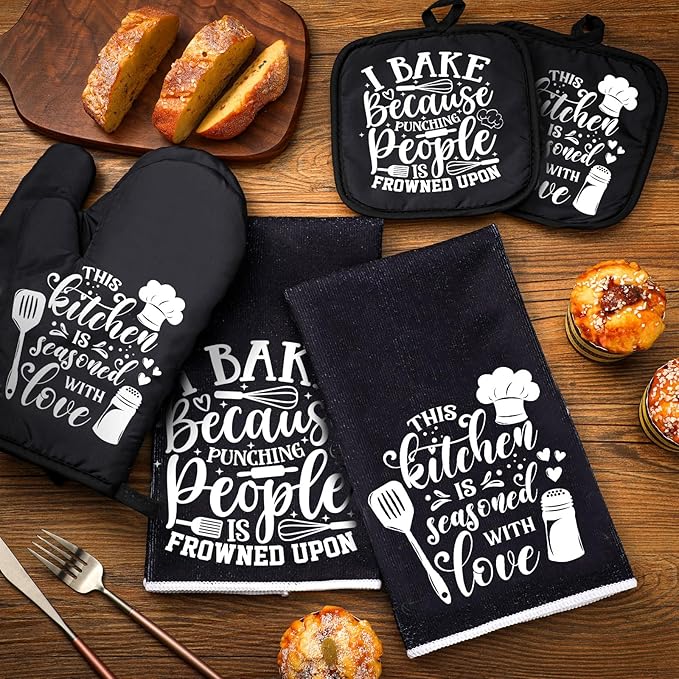 Sratte 6 Pcs Kitchen Decor Accessories Set Farmhouse Towels Pot Holders Oven Mitts Set 2 Dish Towels 2 Potholders 2 Cooking Mittens Oven Glove for Christmas Baking Cooking Supply(Black,Baking) - Image 7