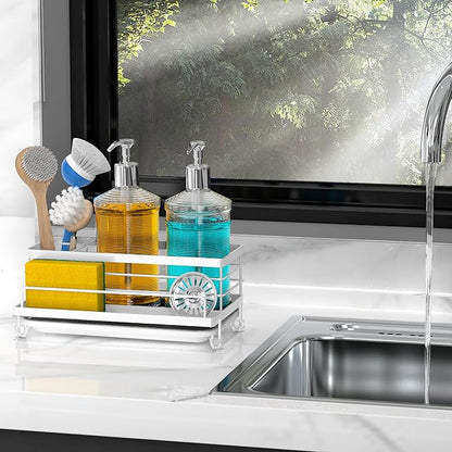Cisily Sink Caddy Organizer, Kitchen Sink Accessories with Drip Tray, Rustproof and Non-Slip, White - Image 7