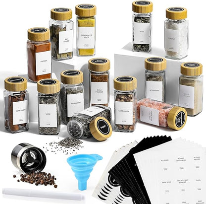 AOZITA 14 Pcs Spice Jars with Bamboo Lids - 4oz Square Spice Bottles with Spice Labels, Shaker Lids, Funnel - Image 2