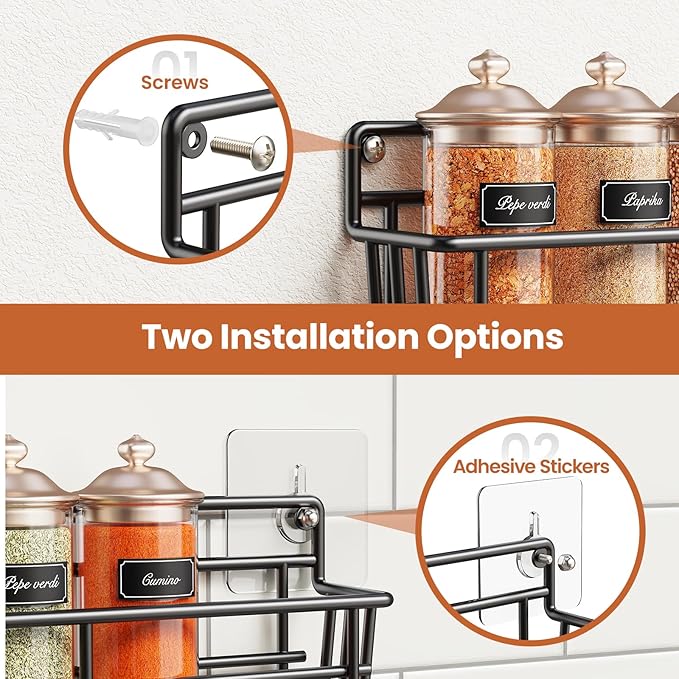 Mystozer 5 Pack Spice Rack Seasoning Organizer Wall Mount, Screw or Adhesive Hanging Shelf Basket Spice Organizer Shelf for Kitchen, Black - Image 3