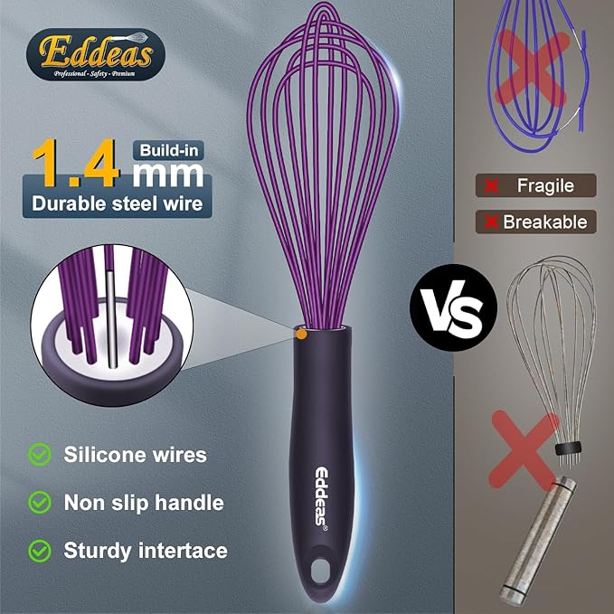 Silicone Whisk, Eddeas Whisk Non-Scratch Coated Whisks set of 3-Heat Resistant(450°F) Kitchen Wisk, Balloon Egg whisk Perfect for Blending, Whisking, Beating & Stirring, Purple - Image 3