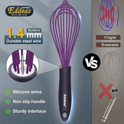 Silicone Whisk, Eddeas Whisk Non-Scratch Coated Whisks set of 3-Heat Resistant(450°F) Kitchen Wisk, Balloon Egg whisk Perfect for Blending, Whisking, Beating & Stirring, Purple - Image 3