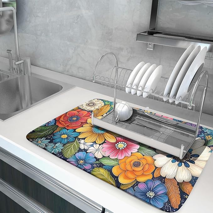 Giwawa Boho Flower Dish Drying Mat, Colorful Floral Leaf Dish Drainer Mats, Rustic Wildflower Plant Botanical Reversible Dish Drying Rack Pad Protector for Kitchen Countertop Decor, 18"x24"