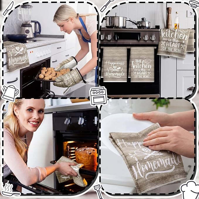 Sratte 6 Pcs Kitchen Decor Accessories Set Farmhouse Towels Pot Holders Oven Mitts Set 2 Dish Towels 2 Potholders 2 Cooking Mittens Oven Glove for Christmas Baking Cooking(Brown Wood Grain) - Image 5