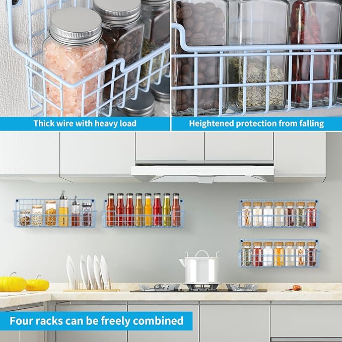 Spice Rack Wall Mount, Wall Spice Organizer for Kitchen Cabinet Door, Pack of 4 Hanging Spice Rack for Wall Saving Kitchen Space, Light Blue - Image 6