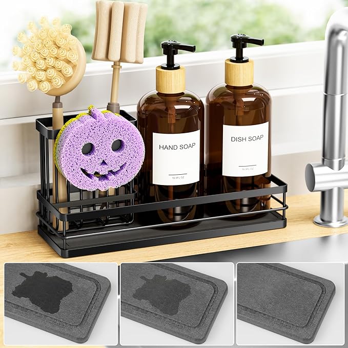 Moforoco Kitchen Dish Soap Dispenser Set, 16OZ Glass Bottle, Hand and Dish Soap Dispenser Set, Instant Dry Tray, Brush Holder with Smiley Face Sponge Holder (Black Tray+Amber Bottle+Labels) - Image 5