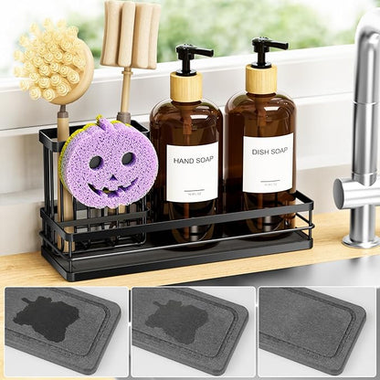 Moforoco Kitchen Dish Soap Dispenser Set, 16OZ Glass Bottle, Hand and Dish Soap Dispenser Set, Instant Dry Tray, Brush Holder with Smiley Face Sponge Holder (Black Tray+Amber Bottle+Labels) - Image 5