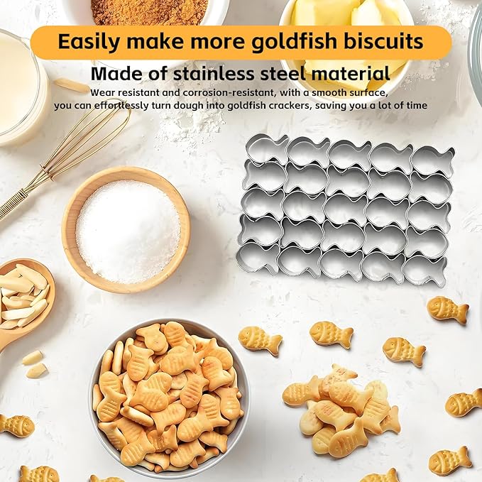 GoldFish Cracker Cutter, 25 Cavity Mini Cookie Cutters with Cleaning Brush, Goldfish Mold Stainless Steel Fish Shaped for Non-Stick Dough DIY Cookie Mold - Image 4
