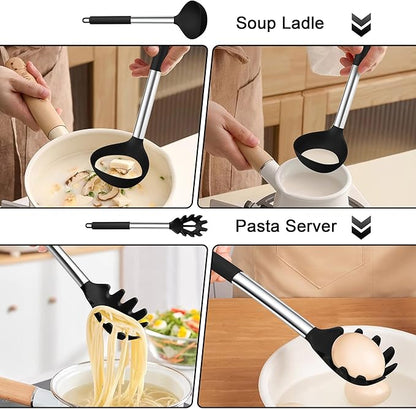 TeamFar Silicone Pasta Fork and Ladle Spoon Set, 2 Pcs Large Nonstick Kitchen Utensils with Stainless Steel Handle for Cooking, Draining, Serving Soup, Sauce, Spaghetti, Healthy & Heat-Proof, Black - Image 4