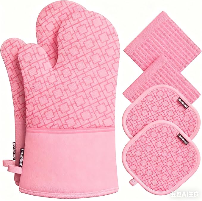 Oven Mitts and Pot Holders Sets 6pcs, Kitchen Oven Glove,High Heat Resistant 550 Degree Extra Long Oven Mitts and Potholders with Non-Slip Silicone Surface for Home Essentials (Grey) (Blush Pink) by OvenMitts