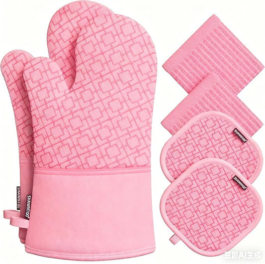 Oven Mitts and Pot Holders Sets 6pcs, Kitchen Oven Glove,High Heat Resistant 550 Degree Extra Long Oven Mitts and Potholders with Non-Slip Silicone Surface for Home Essentials (Grey) (Blush Pink) by OvenMitts
