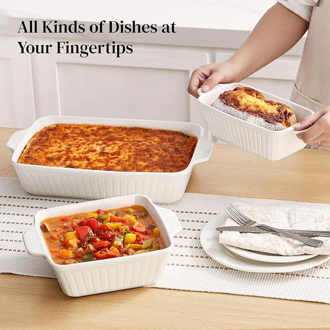 DOWAN Ceramic Casserole Dishes Set of 3, 13''/8''/4'', White - Image 3