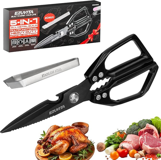 5-in-1 Multifunctional Heavy-Duty Korean Kitchen Scissors with Tweezer, Black All Purpose Shears with Titanium Coated Stainless Steel Blades, Bone Cutting scissors for Meat, Fish, Vegetables