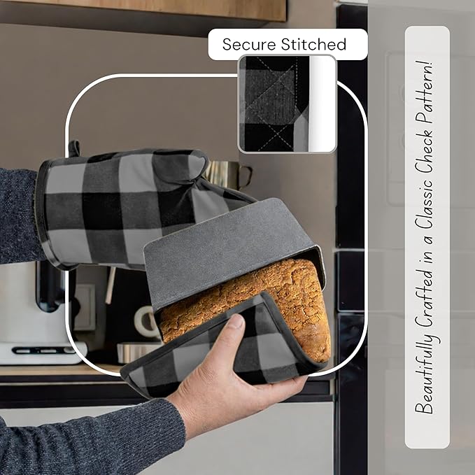 Native Fab Buffalo Plaid Check Oven Mitts and Pot Holders Set of 4, 100% Cotton Heat Resistant Kitchen Gloves, 2 Oven Mitts (7x13), 2 Pot Holders (8x8) for Cooking & Baking, Ash Grey Black - Image 8