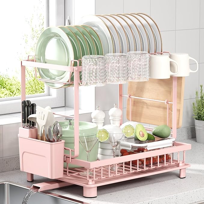 Multifunctional Dish Drying Rack - Rustproof, 2-Tier Dish Racks with Drainboard, Space-Saving Design, Utensil & Cup Holder for Kitchen Counter, Pink by Nfnoyp