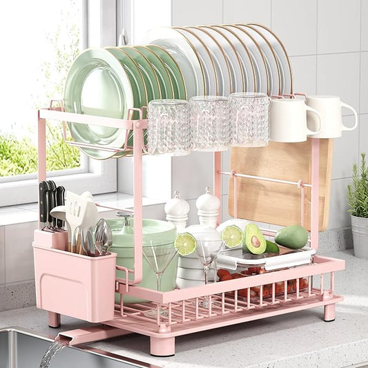 Multifunctional Dish Drying Rack - Rustproof, 2-Tier Dish Racks with Drainboard, Space-Saving Design, Utensil & Cup Holder for Kitchen Counter, Pink by Nfnoyp