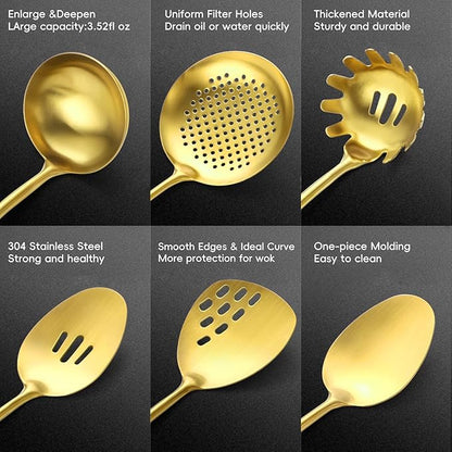 Izurok 18/10 Stainless Steel Kitchen Utensils Set,6 Piece Cooking Utensils With Wood Handle,Heat Resistant Kitchen Tool Set With Spatula, Spoon, Ladle, Skimmer, Slotted Spoon, Pasta - Image 3