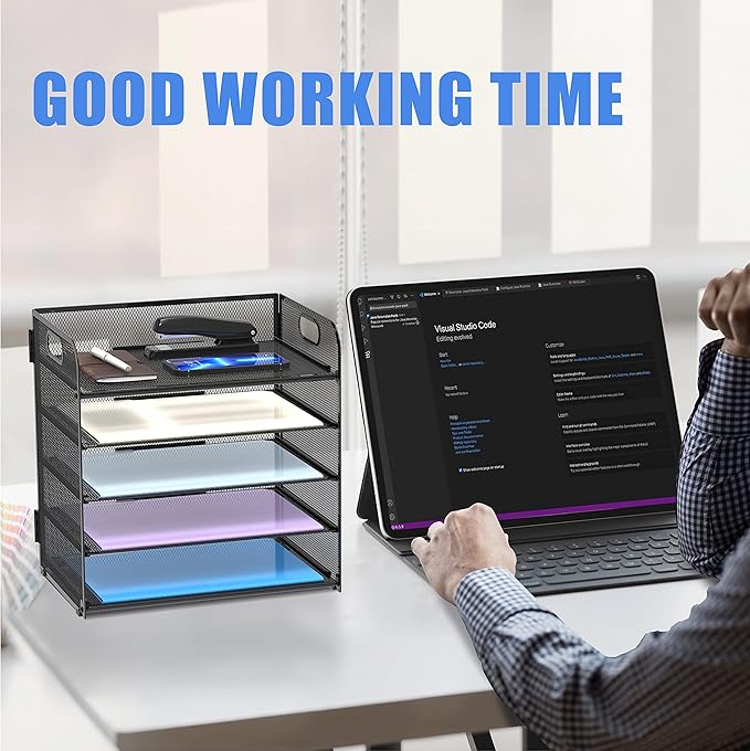 Supeasy 2 Pack 5-Tier Desk Organizer with Handle Mesh Desk File/Paper Organizer Letter Tray for Office, School, Classroom and Home Easy Installation, Black - Image 2