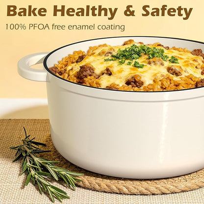 Umite Chef Enameled Cast Iron Dutch Oven-7QT Pot with Lid Cookbook & Cotton, Heavy-Duty Cookware for for Bread Baking, Braising, Stews, Marinate, Cook(Cream White) - Image 3