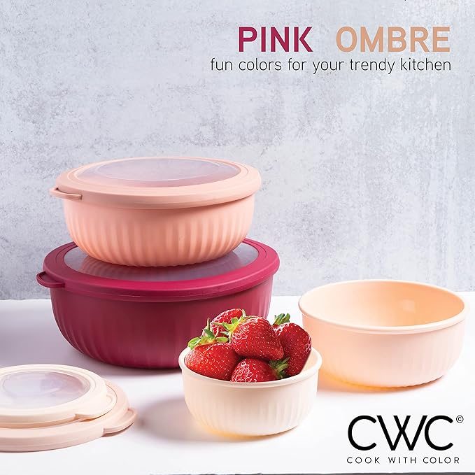 COOK WITH COLOR Prep Bowls with Lids- Wide and Deep Nesting Plastic Small Mixing Bowl Set with Lids, 8 Piece Set - Wide Bowls, Rose - Image 3