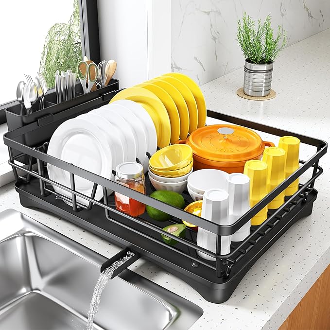 SNTD Dish Drying Rack for Kitchen Counter - Large Dish Rack with Drainboard, Rustproof Dish Drainer with Utensil Holder for Sink, Black by SNTD