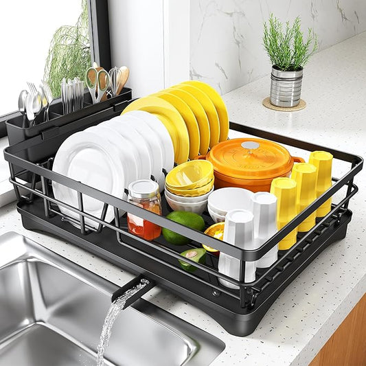 SNTD Dish Drying Rack for Kitchen Counter - Large Dish Rack with Drainboard, Rustproof Dish Drainer with Utensil Holder for Sink, Black by SNTD