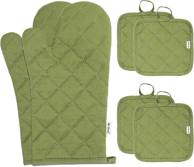 Oven Mitts and Pot Holders Sets,6 Pcs Oven Mitts and Potholders with Recycled Cotton High Heat Resistant Extra Thick Long Oven Mitts for Cooking(Green) by Win+Change