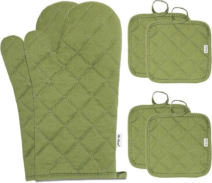Oven Mitts and Pot Holders Sets,6 Pcs Oven Mitts and Potholders with Recycled Cotton High Heat Resistant Extra Thick Long Oven Mitts for Cooking(Green) by Win+Change