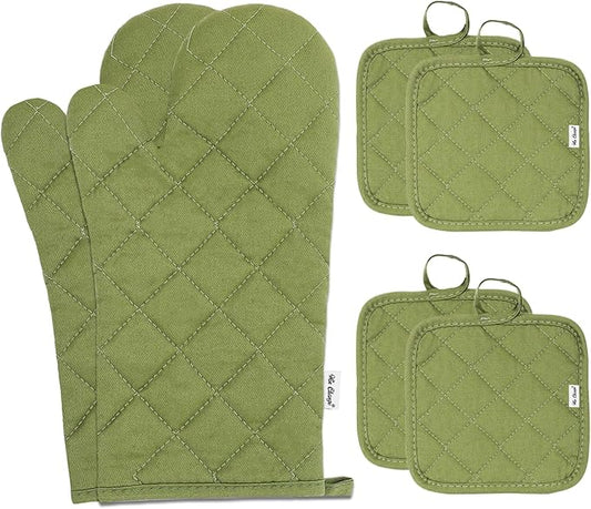 Oven Mitts and Pot Holders Sets,6 Pcs Oven Mitts and Potholders with Recycled Cotton High Heat Resistant Extra Thick Long Oven Mitts for Cooking(Green) by Win+Change