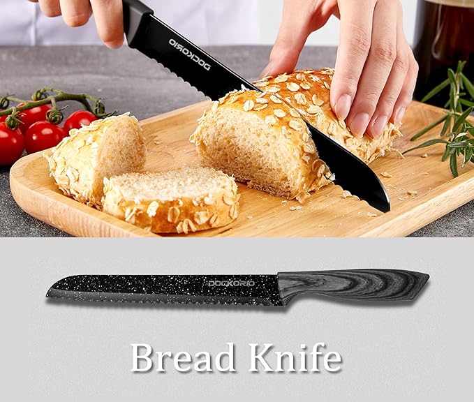 all in one Kitchen Knife Set with Block, 19 PCS High Carbon Stainless Steel Sharp Serrated Steak Knives Set, Chef Knives, Bread Knife, Scissor, Sharpener, - Image 4