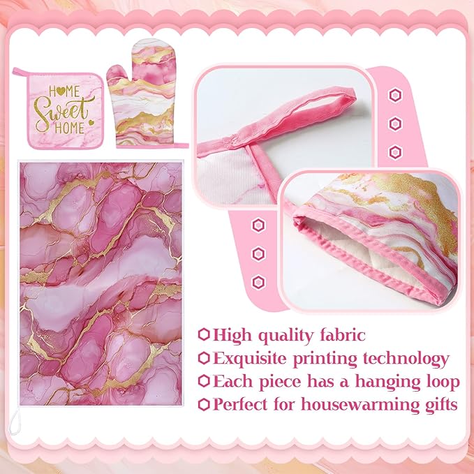 Leinuosen 8 Pcs Kitchen Towels and Dishcloths Sets Oven Mitts and Pot Holders Sets Absorbent Kitchen Gloves Potholders Heat Resistant for Chef Baking Cooking (Pink,Marble)