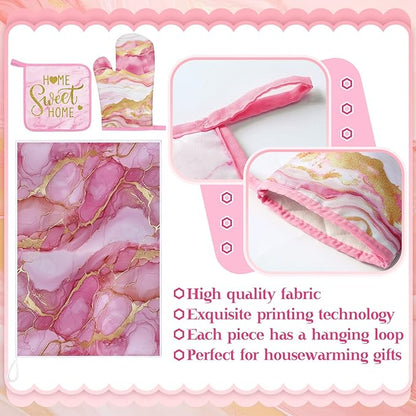 Leinuosen 8 Pcs Kitchen Towels and Dishcloths Sets Oven Mitts and Pot Holders Sets Absorbent Kitchen Gloves Potholders Heat Resistant for Chef Baking Cooking (Pink,Marble)