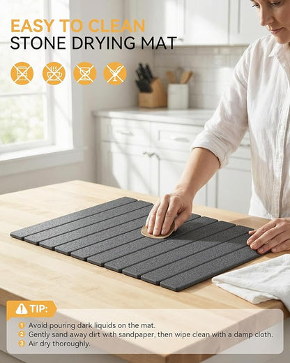 Yofidra Large Stone Dish Drying Mat for Kitchen Counter, Quick Dry Stone Mats with Absorbent Diatomaceous Earth, Foldable Roll Up Drying Organizer Pad for Utensils Plate, 24"×16", Dark Gray - Image 7