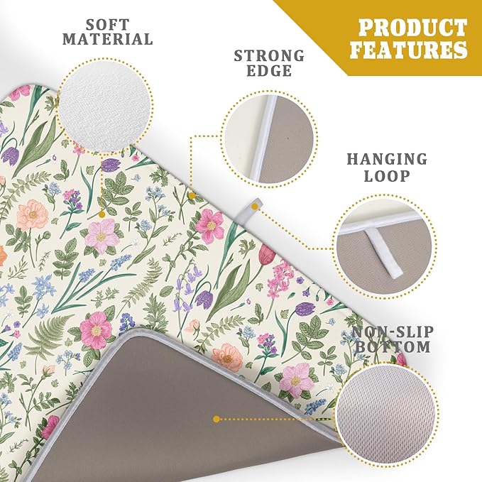 Spring Floral Dish Drying Mat for Kitchen Counter 18x24 Pink Sage Green Flower Vintage Botanical Print Absorbent Reversible Microfiber Drying Mats Kitchen Countertop Protector Dishes Drainer Rack Pad - Image 4
