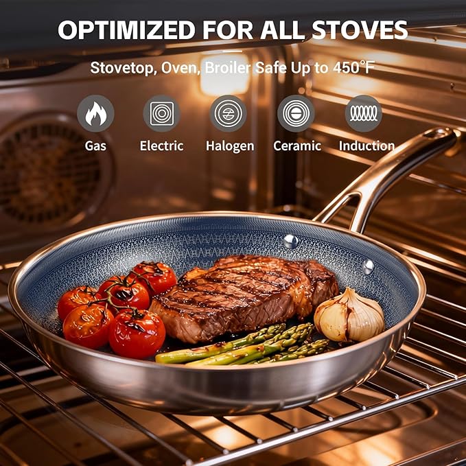 Ammeloo Hybrid Stainless Steel Cookware Set, 17-Piece Tri-Ply Pots and Pans Set Non Stick, Induction Kitchen Cookware Sets, Dishwasher & Oven Safe, PFOA Free, All Cooktops Compatible, Navy Blue - Image 5