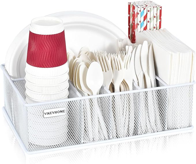 VIKEYHOME Paper Plate Organizer, Metal Silverware Caddy with 6 Compartments for Knives, Spoons, Cups, Forks, Napkins, Utensil Holder for Party, Camping, Picnic, White by VIKEYHOME