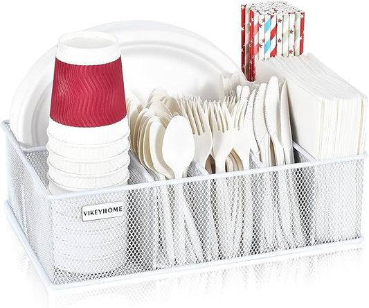 VIKEYHOME Paper Plate Organizer, Metal Silverware Caddy with 6 Compartments for Knives, Spoons, Cups, Forks, Napkins, Utensil Holder for Party, Camping, Picnic, White by VIKEYHOME