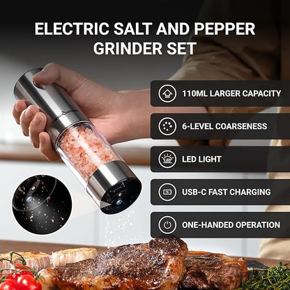 ThermoMaven Upgraded Larger Capacity Electric Salt and Pepper Grinder Set, 110ml Rechargeable Salt and Pepper Shaker with LED Light, 6 Adjustable Coarseness, Stainless Steel, Black & Silver - Image 3