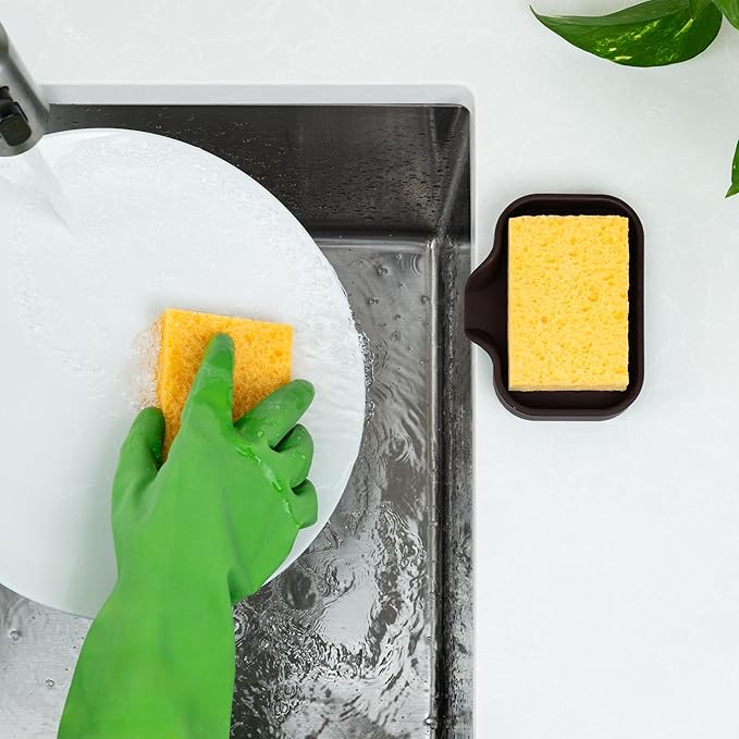 Zulay Kitchen Small Silicone Sponge Holder (4.9x3.3”) – Space-Saving Sink Organizer Tray for Sponge, Soap, Brush & More – Compact Non-Slip Dish for Kitchen & Bathroom (Chocolate) - Image 3