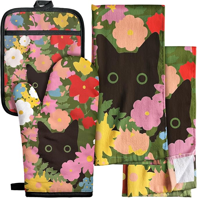 Miss Adola 270 GSM Cotton Kitchen Towels, Oven Mitt and Pot Holder - 4 Pack Kitchen Decor and Accessories Set Spring Cute Farmhouse Boho Quilted Lining Heat Resistant Set with Hanging Loop, Cat Flower by MissAdola