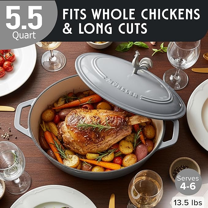 MUELLER HOME 5.5 Quart Enameled Cast Iron Oval Dutch Oven with Rooster Knob & Cotton Potholders, Heavy-Duty Cookware, Oven-Safe up to 500° F & Across All Cooktops, Gifts for Grandma & Women, Gray - Image 3