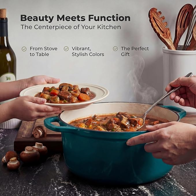 Zulay Kitchen 6 Quart Enameled Cast Iron Dutch Oven Pot with Lid – Premium Durability & Oven Safe up to 500°F – Heavy Duty Cookware Perfect for Bread Baking, Stews, Braising & Roasting - Aventurine - Image 7