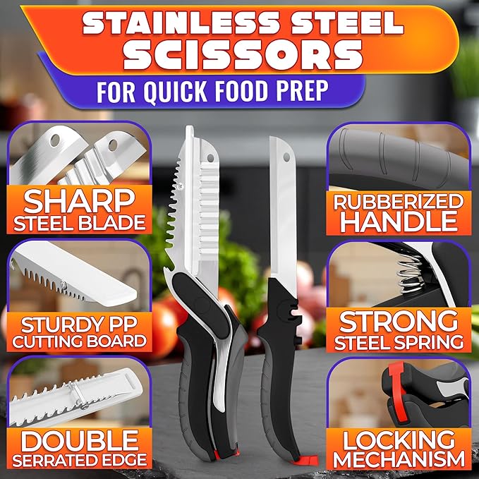 Cutting Board Scissors for Food – 7-in-1 Kitchen Food Scissors with Ribbed & Flat Blades for Easy Meat, Fruits & Veggies Cutting and Decorative Slicing – Easy To Clean Kitchen Shears With Safety Lock - Image 3
