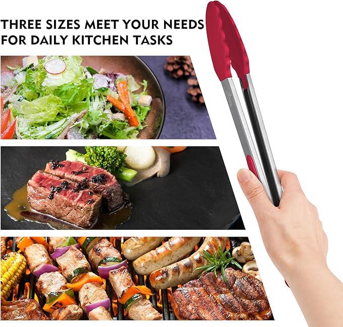 Hotec Premium Stainless Steel Locking Kitchen Tongs with Silicon Tips, Set of 3-7", 9" and 12" multicolor - Image 5